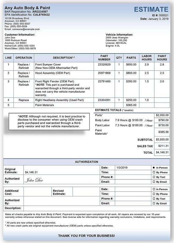 Sample Auto Body Estimate