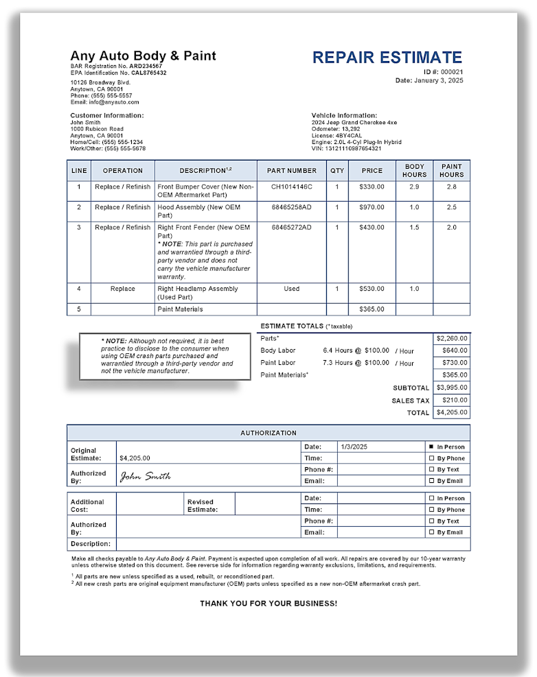 Sample Auto Body Estimate