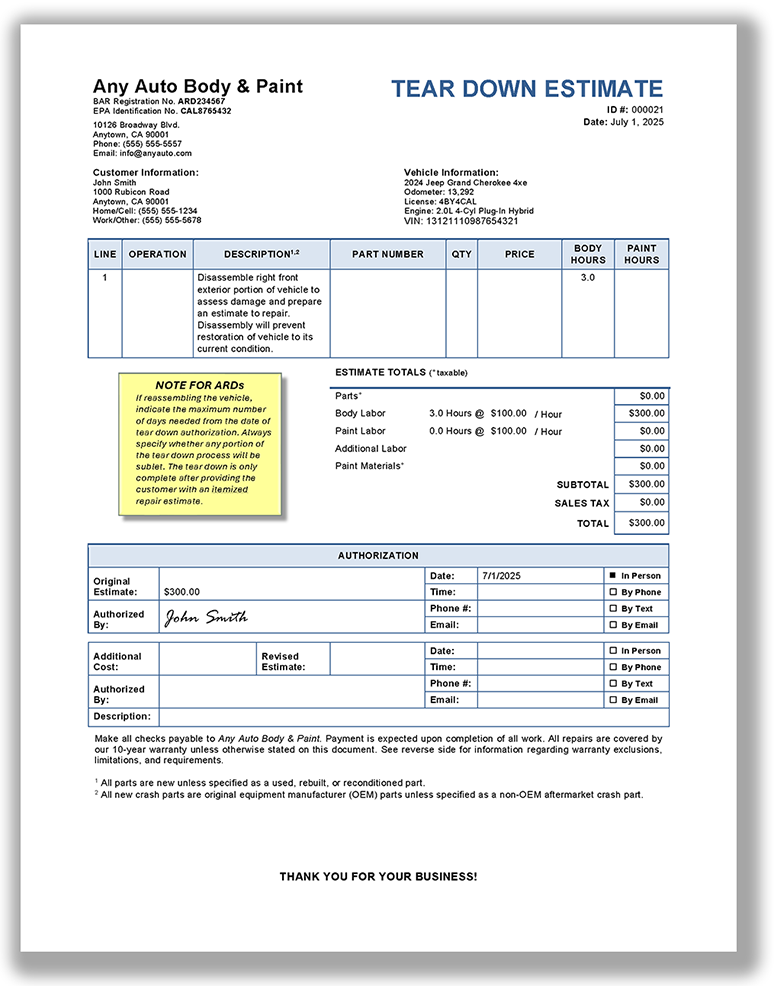 Sample Tear down estimate
