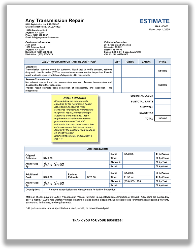 Sample automatic transmission tear down estimate