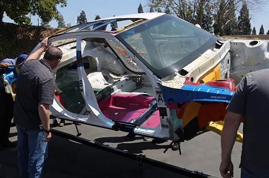 Stripped down car frame used to study collision effects